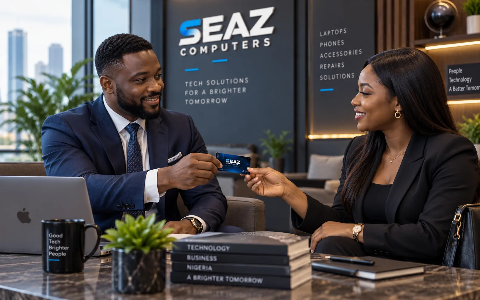Two Nigerian professionals exchanging an Xpress NFC Card after a meeting