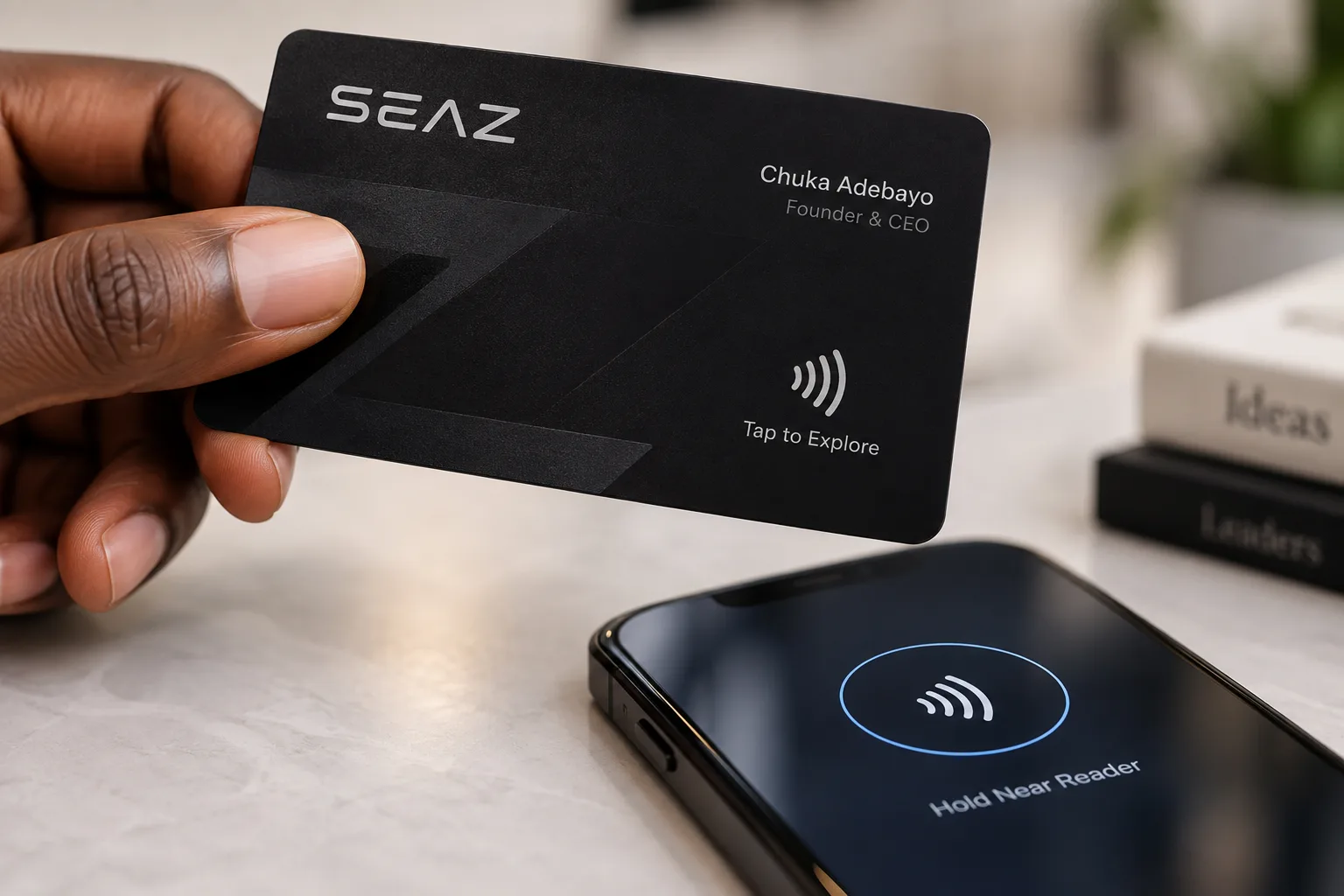 A customer tapping an Xpress NFC Card on a phone